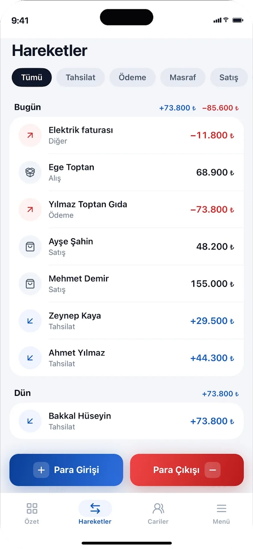 Hareketler: satış, tahsilat, ödeme ve masraf gün gün; para girişi ve çıkışı tek dokunuş