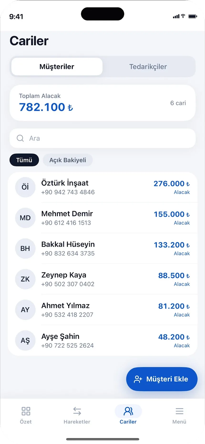Müşteri listesi: telefon ve güncel cari bakiye yan yana